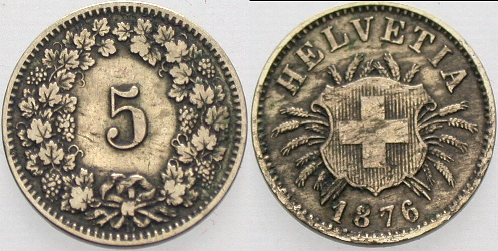 5 Rappen 1876 Divo/Tobler 318 Fast sehr schön
