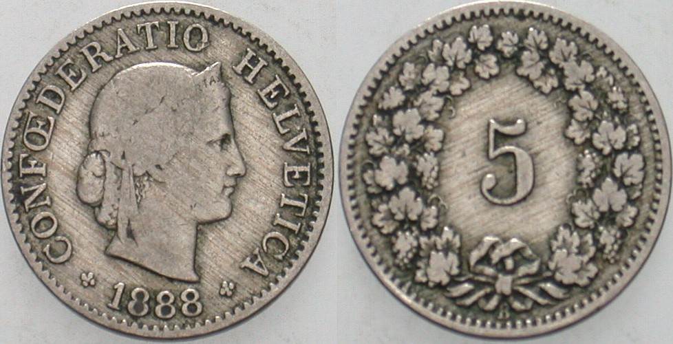5 Rappen 1888 Fast sehr schön