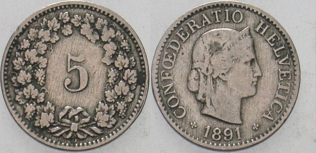 5 Rappen 1891 Divo/Tobler 319 Sehr schön