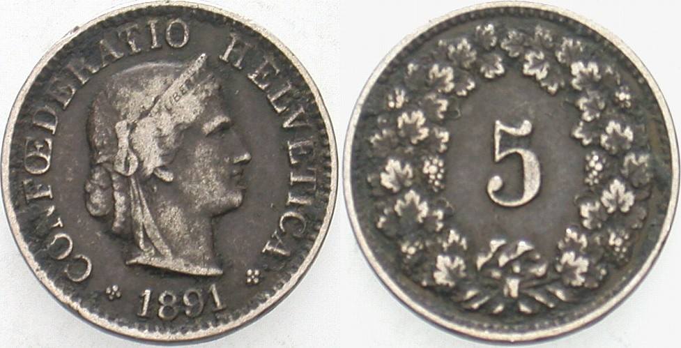 5 Rappen 1891 Fast sehr schön