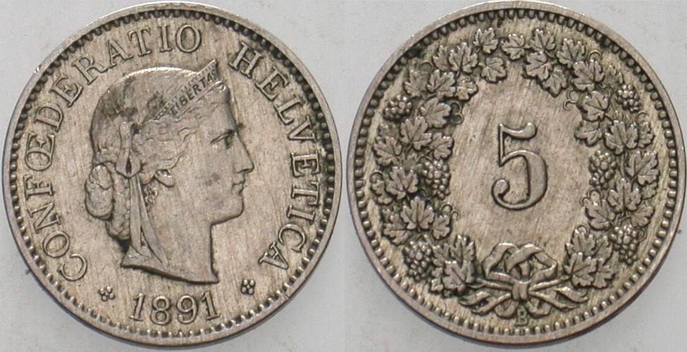 5 Rappen 1891  Sehr schön