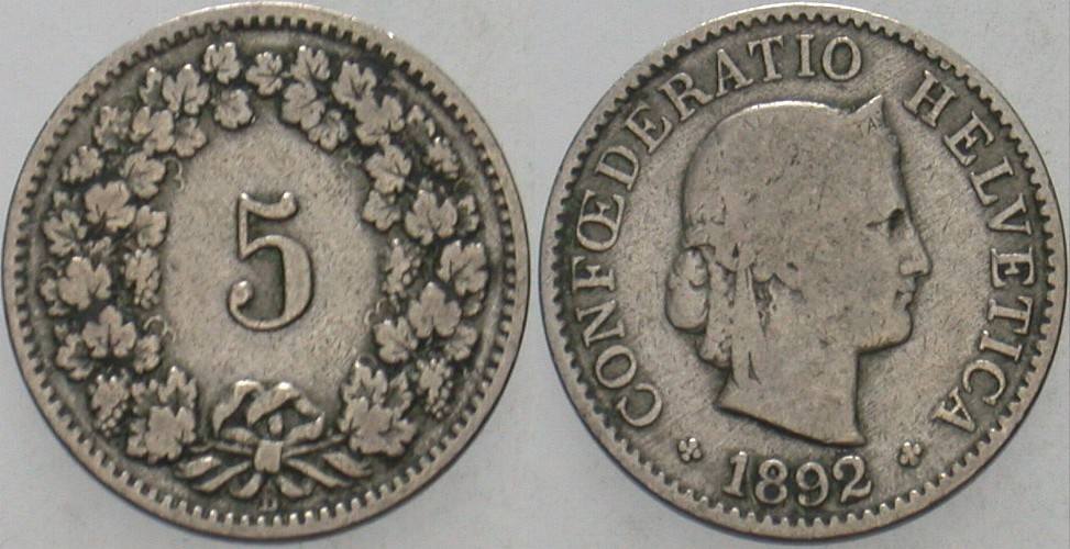 5 Rappen 1892 Divo/Tobler 319 Fast sehr schön