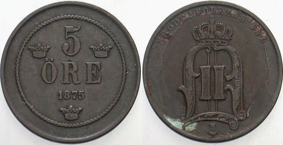 5 Öre 1875 Krause/Mishler 736 Etwas Belag, sehr schön