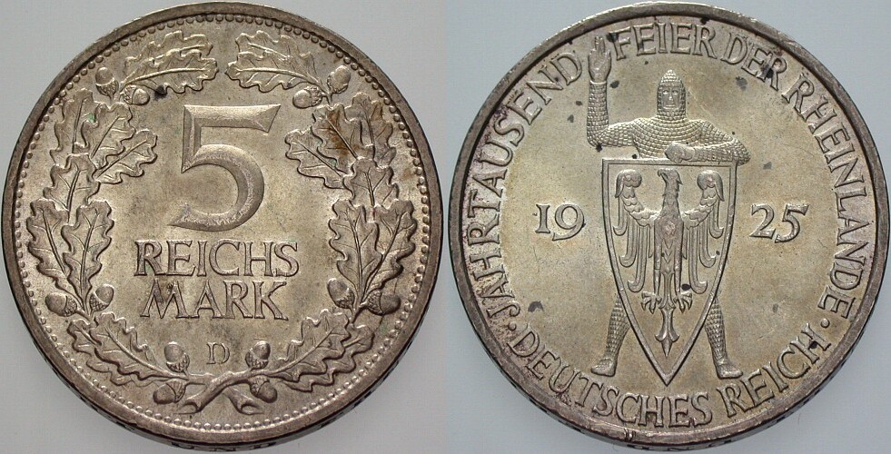 5 Reichsmark 1925 J. 322 Fleckige Patina, vorzüglich +