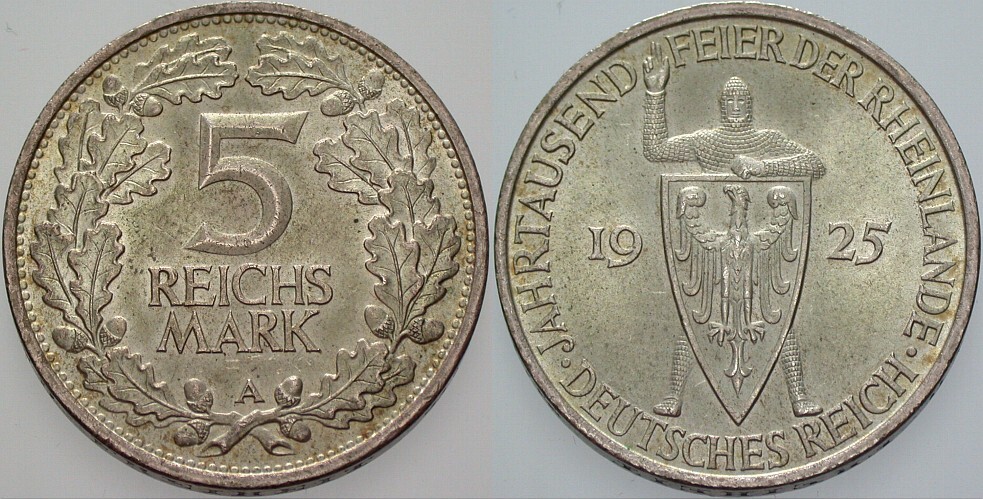 5 Reichsmark 1925 J. 322 Leichte Patina, vorzüglich - Stempelglanz