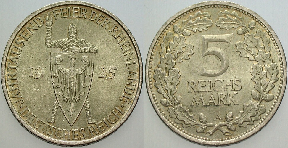 5 Reichsmark 1925 J. 322 Patgina, vorzüglich - Stempelglanz