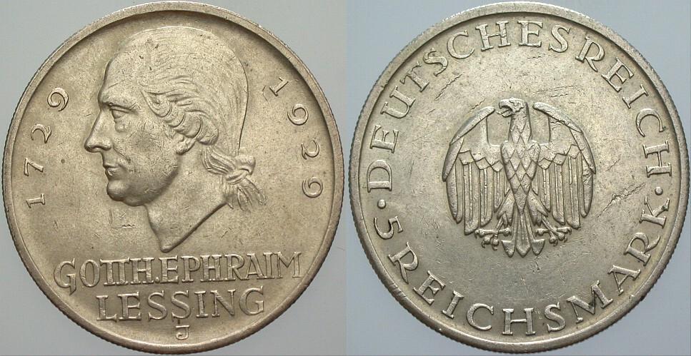 5 Reichsmark 1929 J. 336 Kl. Kratzer, fast vorzüglich