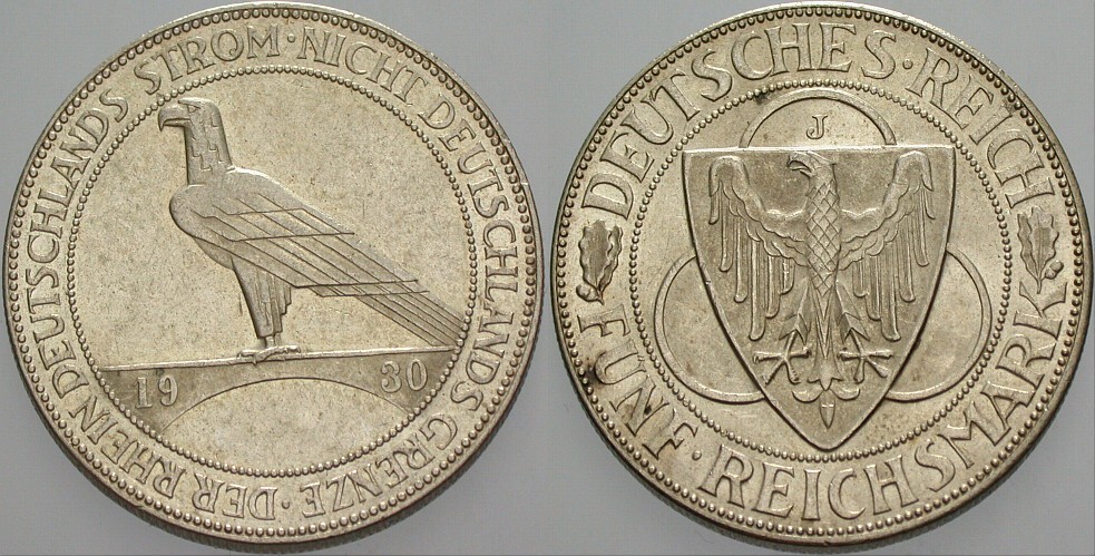 5 Reichsmark 1930 J. 346 Patina, vorzüglich