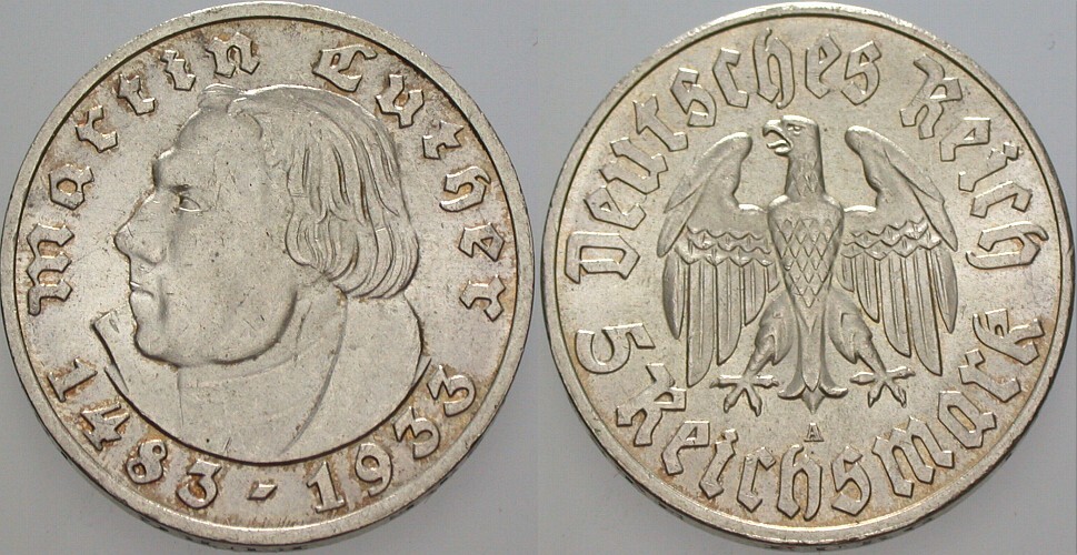 5 Reichsmark 1933 J. 353 Patina, fast Stempelglanz