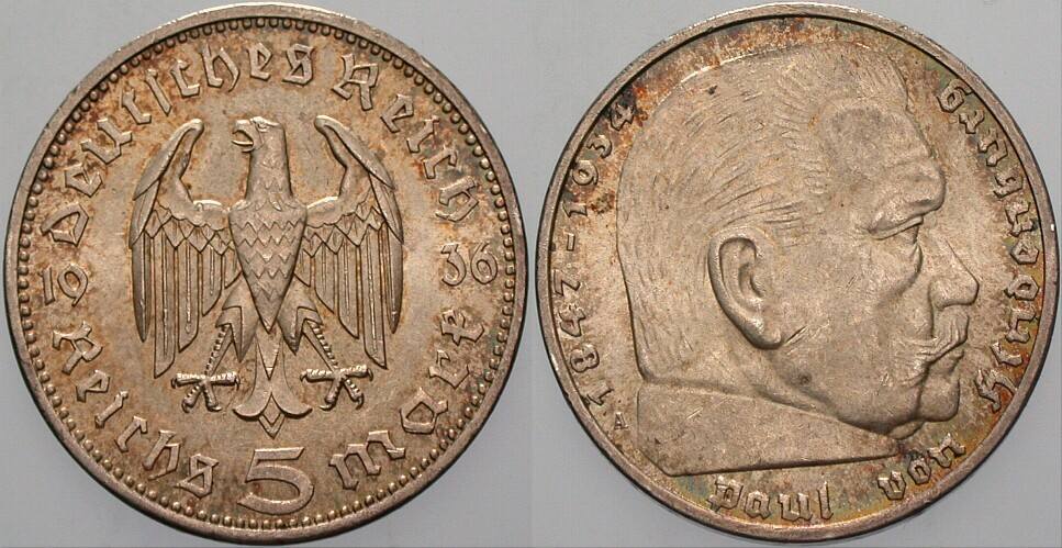 5 Reichsmark 1936 J. 360 Patina, vorzüglich +