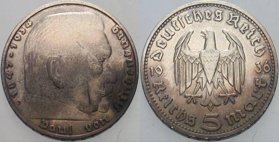 5 Reichsmark 1936 Patina, sehr schön