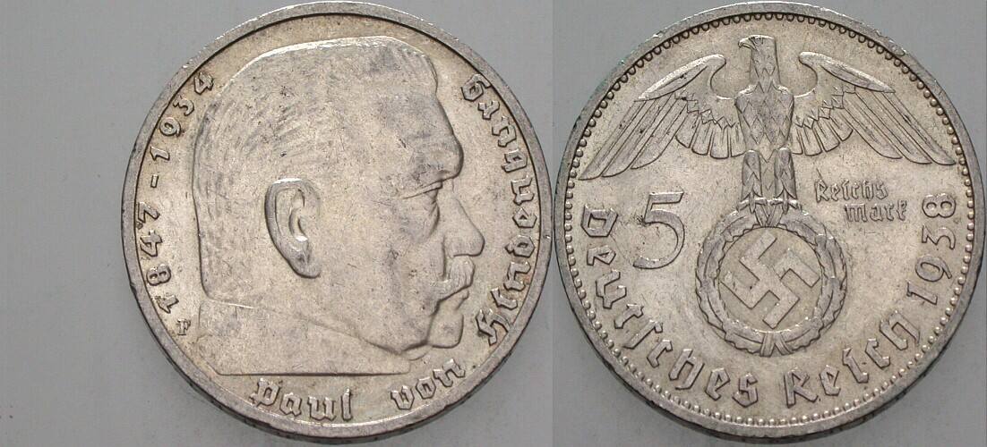 5 Reichsmark 1938 J. 367 Sehr schön +