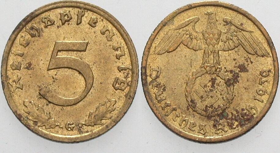 5 Reichspfennig 1939 J. 363 Fleckig, vorzüglich