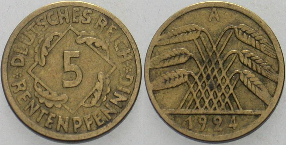 5 Rentenpfennig 1924 J. 308 Sehr schön