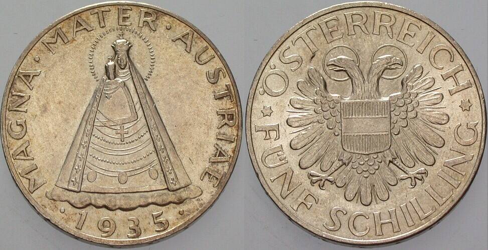 5 Schilling 1935 Jl. 445 Patina, sehr schön - vorzüglich