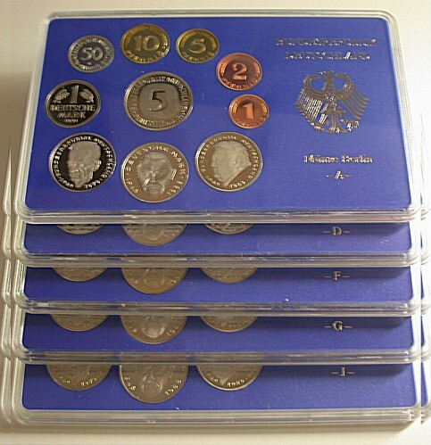 5 x 1 Pfennig - 5 Deutsche Mark, 12,68 DM 1991 Polierte Platte