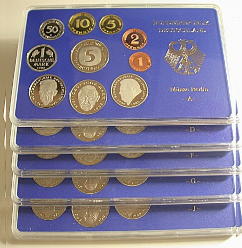 5 x 1 Pfennig - 5 Deutsche Mark, 12,68 DM 1992 Polierte Platte