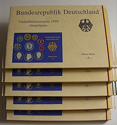 5 x 1 Pfennig - 5 Deutsche Mark, 12,68 DM 1998  Polierte Platte