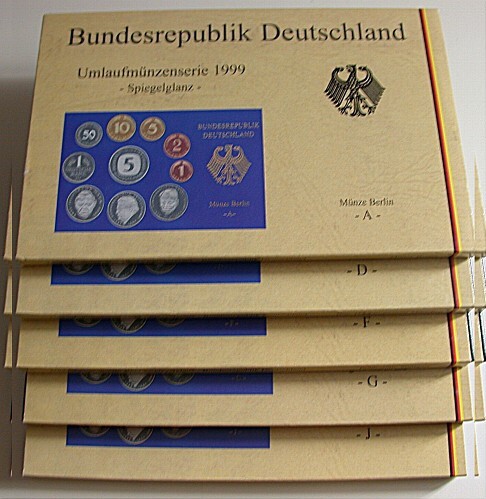 5 x 1 Pfennig - 5 Deutsche Mark, 12,68 DM 1999  Polierte Platte