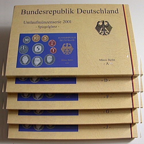 5 x 1 Pfennig - 5 Deutsche Mark, 12,68 DM 2001 Polierte Platte