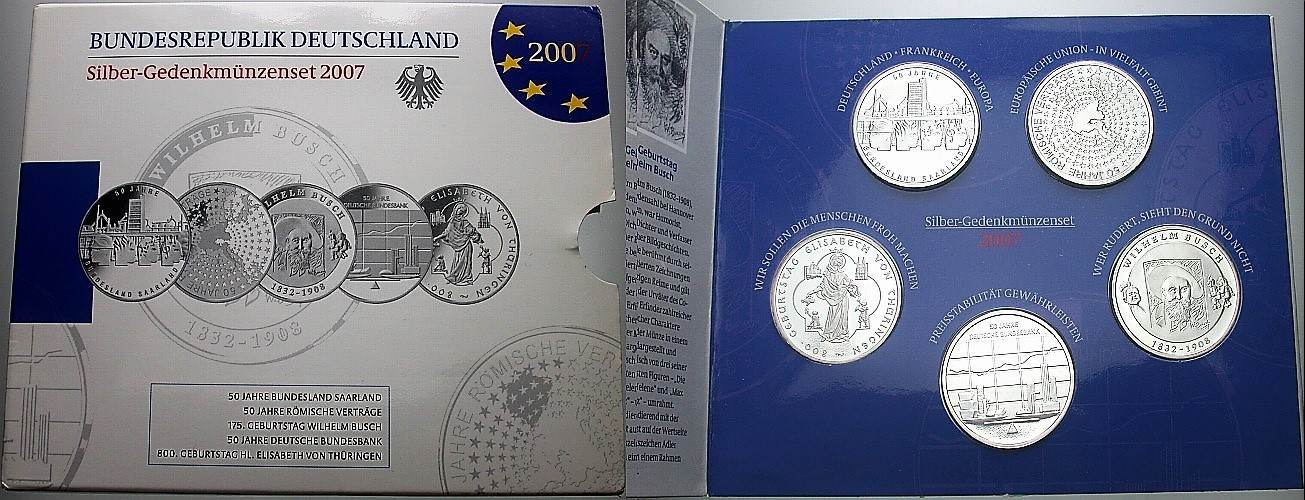 5 x 10 EURO 2007 Jaeger 525,527,529,530,532 Spiegelglanz