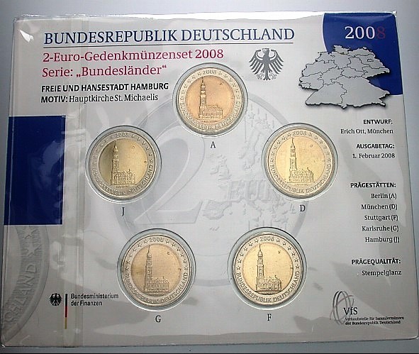 5 x 2 Euro 2008 Stempelglanz