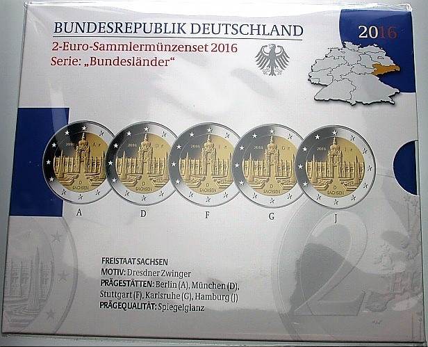 5 x 2 Euro 2016 Spiegelglanz