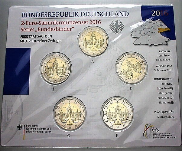 5 x 2 Euro 2016 Stempelglanz