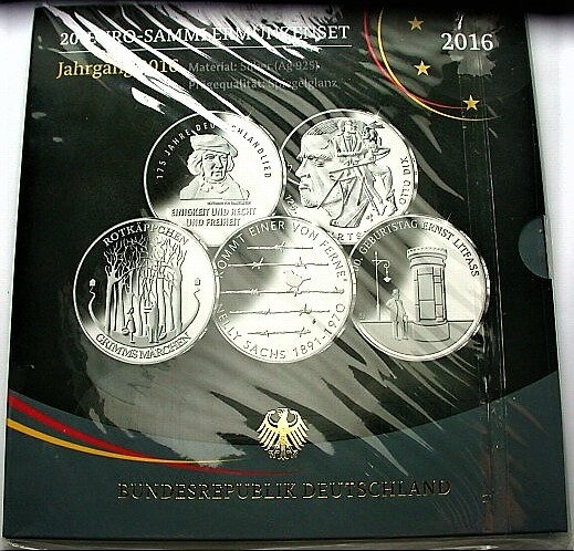5 x 20 EURO 2016 Jaeger 604,606,609,611,612 Spiegelglanz im Blister