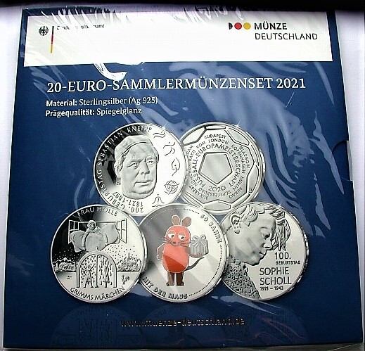 5 x 20 EURO 2021 Jaeger 657,659,661,662,663 Spiegelglanz im Blister