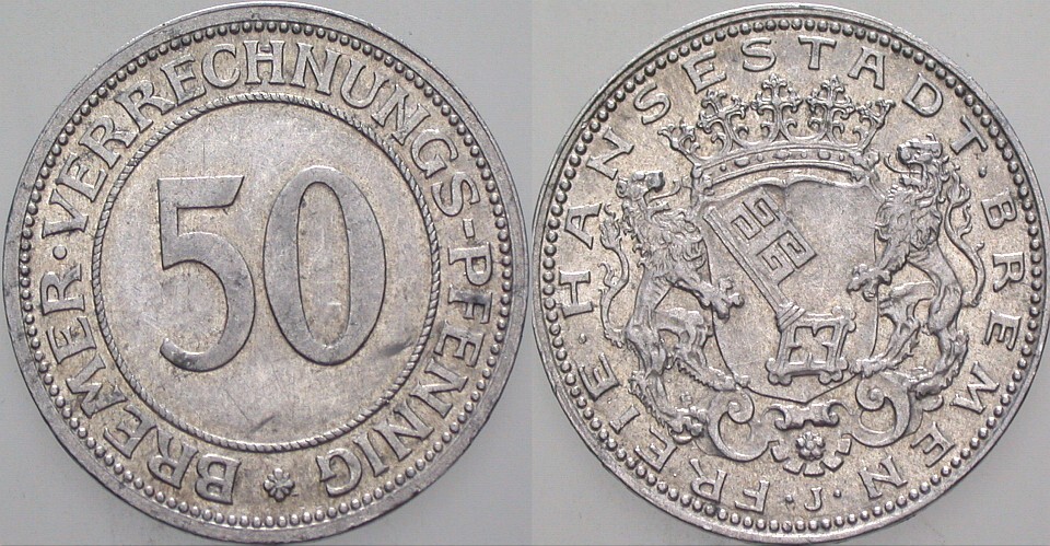 50 Bremer Verrechnungspfennig ohne Jahr Freie Hansestadt Bremen. o.J. J. N.44 Kl. Schrötingsfehler im Feld, sonst sehr schön+