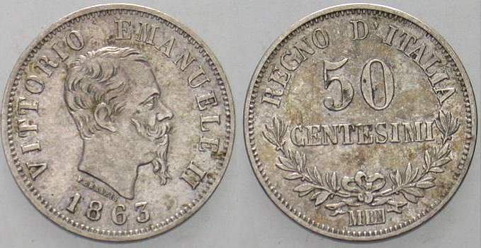 50 Centesimi 1863 KM. 14.1 Patina, fast vorzüglich