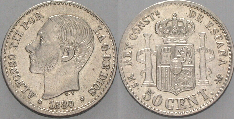 50 Centimos 1880 KM. 685 Vorzüglich