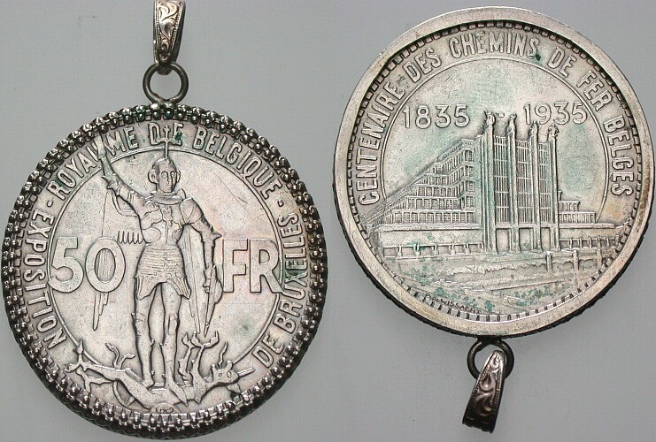 50 Francs 1935 In Fassung mit Anhänger, sehr schön