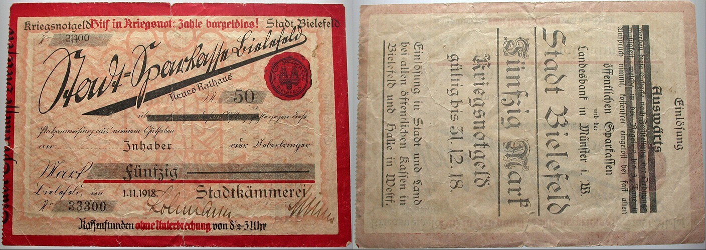 50 Mark 01.11.1918-31.12.1918 Topp 74.23. Gebraucht mit kleinen Einrissen.