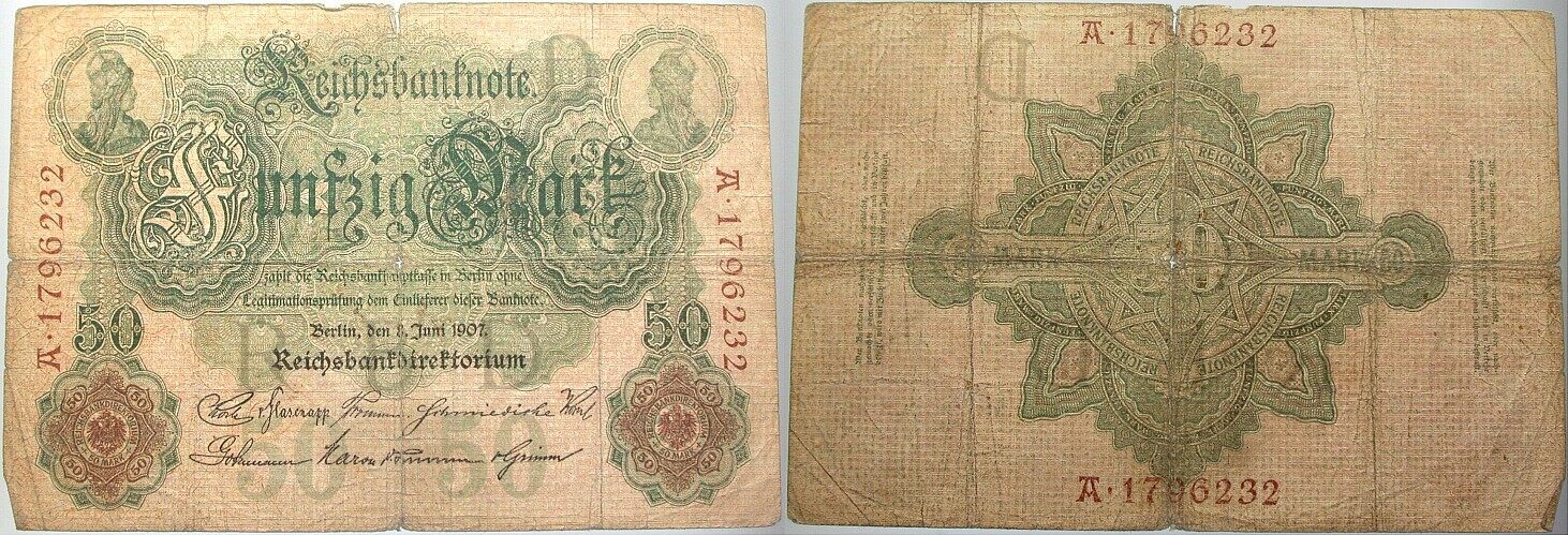 50 Mark 8.Juni 1907 Rosenberg 29. Selten angeboten Kleine Einrisse, stärker gebraucht