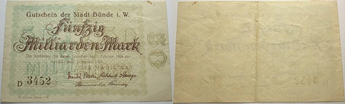 50 Milliarden Mark 1.November 1923 Topp 169.30 Flecken, gebraucht