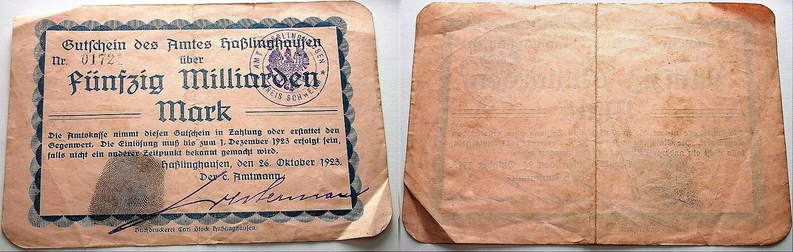 50 Milliarden Mark 26.Oktober.1923 Topp 423.4 Stärker gebraucht