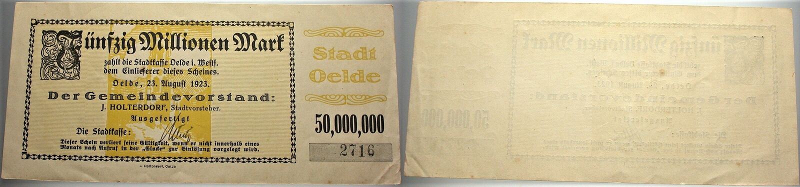 50 Millionen Mark 23.8.1923 Topp 700.9 Leicht gebraucht