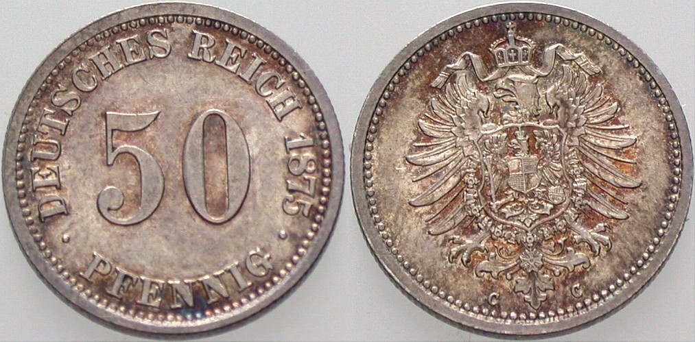 50 Pfennig 1875 J. 7 fast Stempelglanz