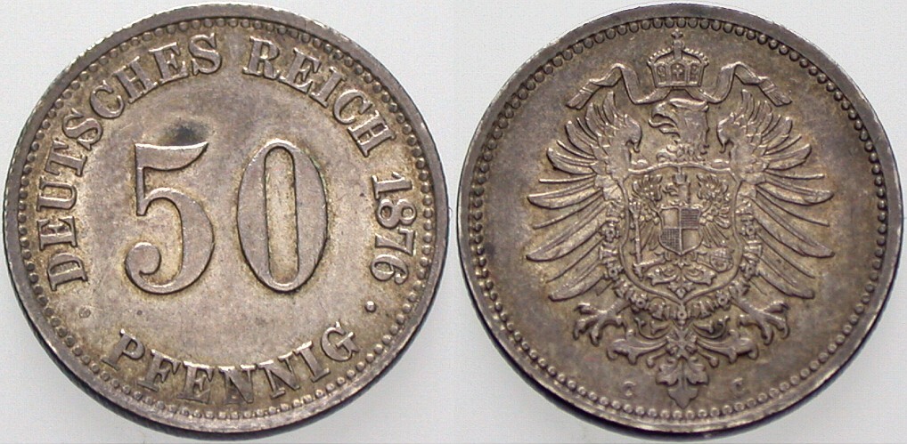 50 Pfennig 1876 J. 7 Patina, vorzüglich