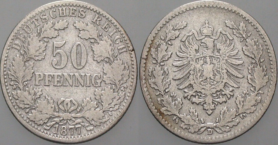 50 Pfennig 1877 J. 8 Kl. Rdf., sehr schön