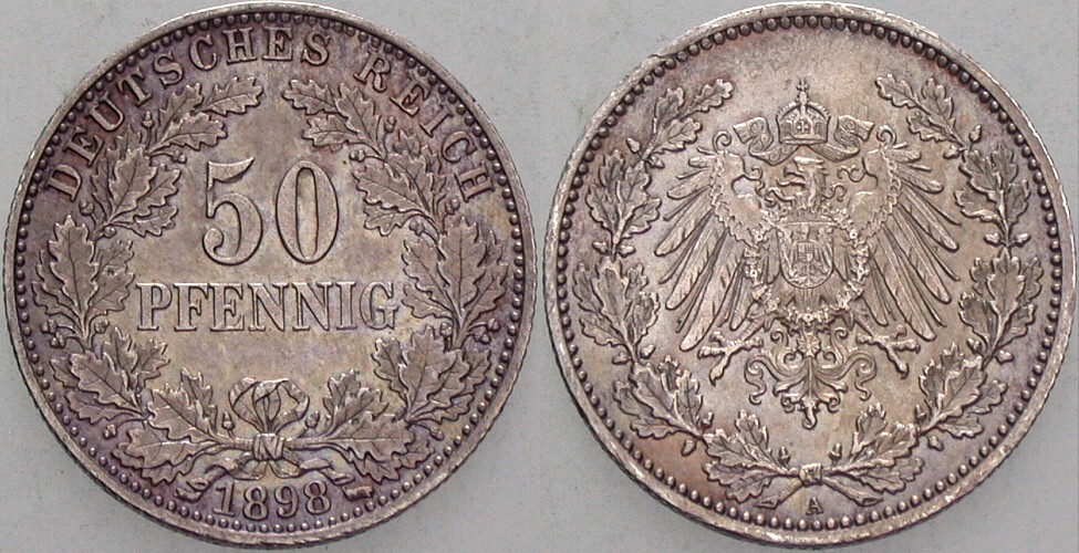 50 Pfennig 1898 J. 15 Patina, vorzüglich