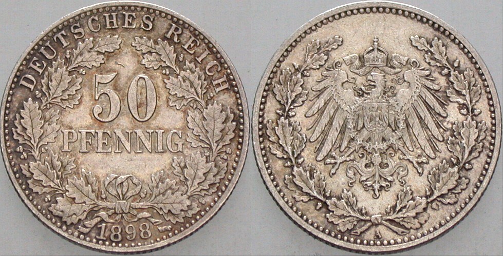 50 Pfennig 1898 J. 15 Wz. Kratzer, vorzüglich