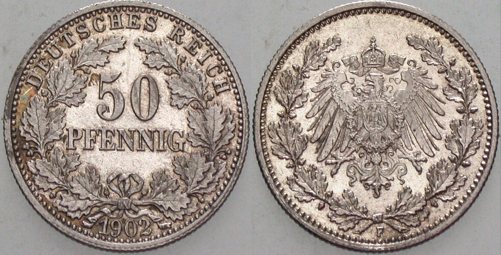 50 Pfennig 1902 J. 15 Patina, fast Stempelglanz