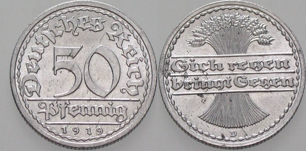 50 Pfennig 1919 J. 301 Vorzüglich - Stempelglanz