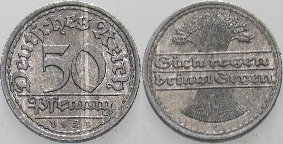 50 Pfennig 1921 J. 301 Patina, vorzüglich - Stempelglanz