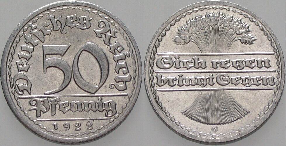 50 Pfennig 1922 J. 301 Fast Stempelglanz