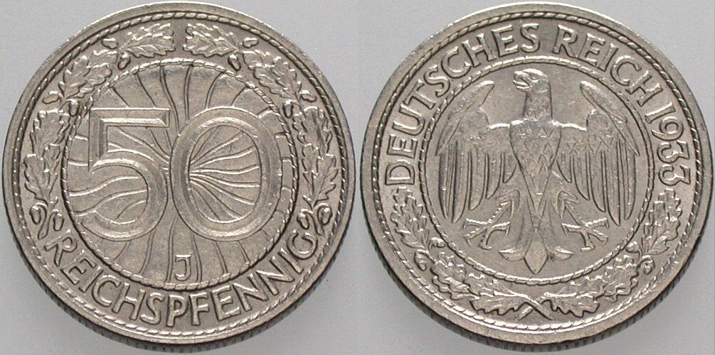 50 Pfennig 1933 J. 324 Sehr schön +