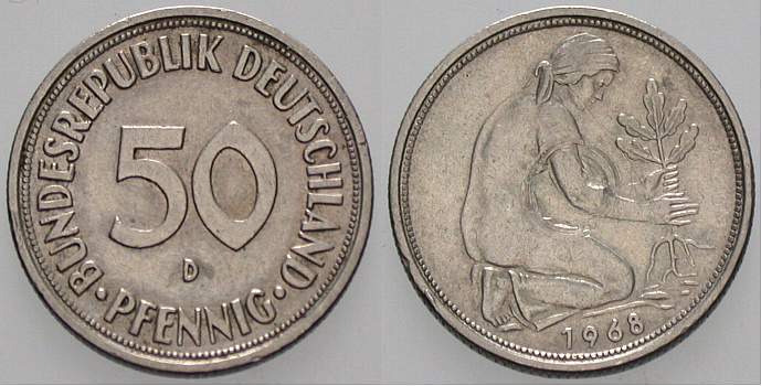 50 Pfennig 1968 J. 384 sehr schön